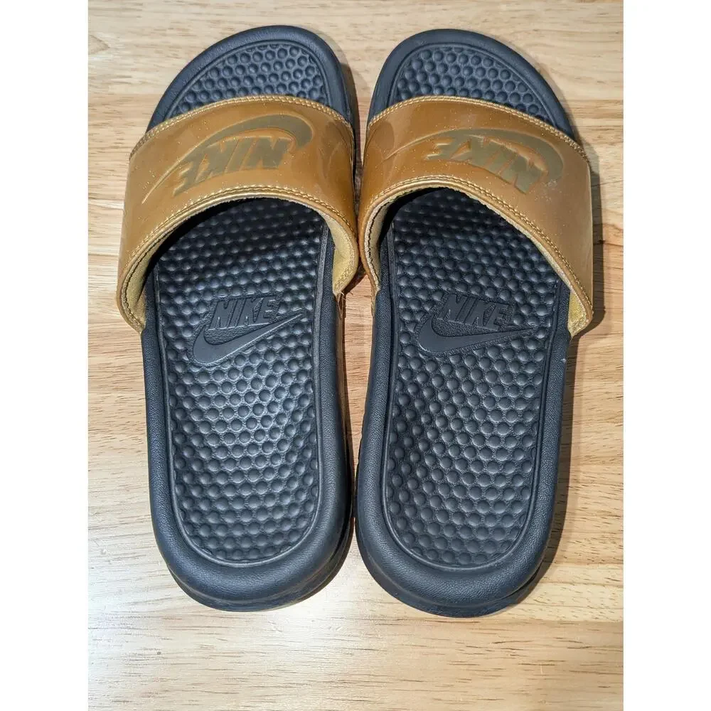 Nike Benassi JDI Slide Sandals Womens 8 Gold Glitter Logo Comfort Slip On